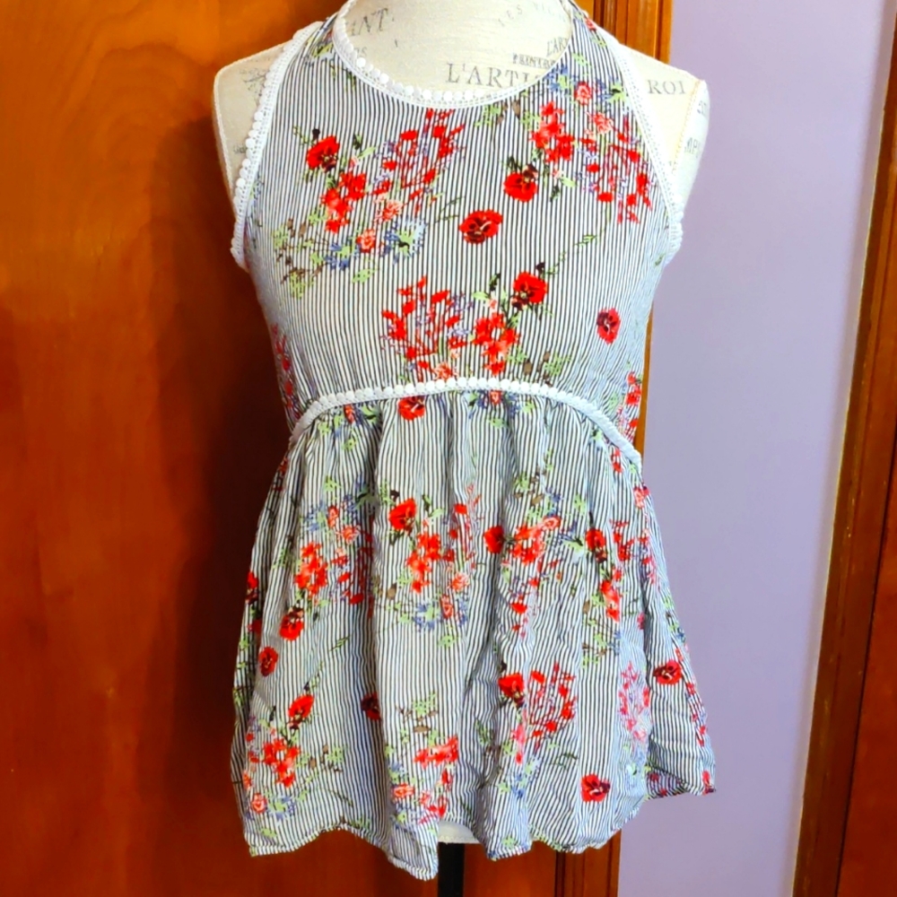 Staccato Striped Floral Peplum Tunic Top Sz M